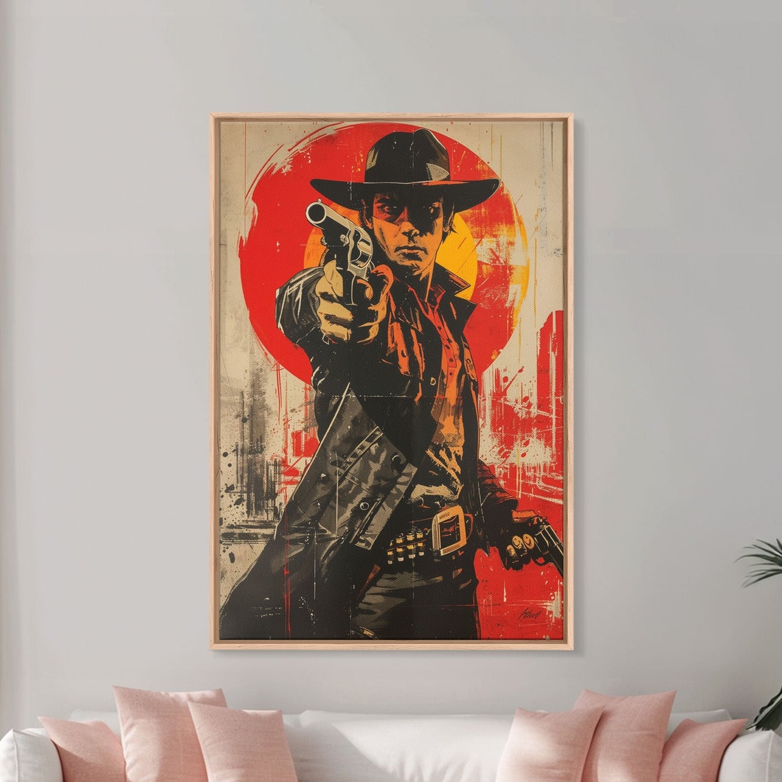 Wild West Cowboy Pointing Revolver Poster with Bold Red Sun Design - Image 3