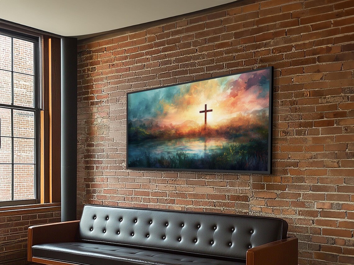 Christian Cross Silhouette Colorful Lake Sunset Peaceful Faith Wall Poster - Image 2