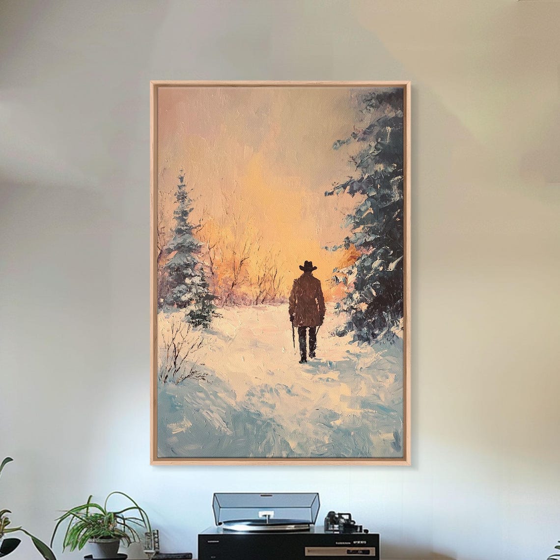 Lone Cowboy Walking Into Snowy Forest Glowing Winter Sunset Poster - Image 5