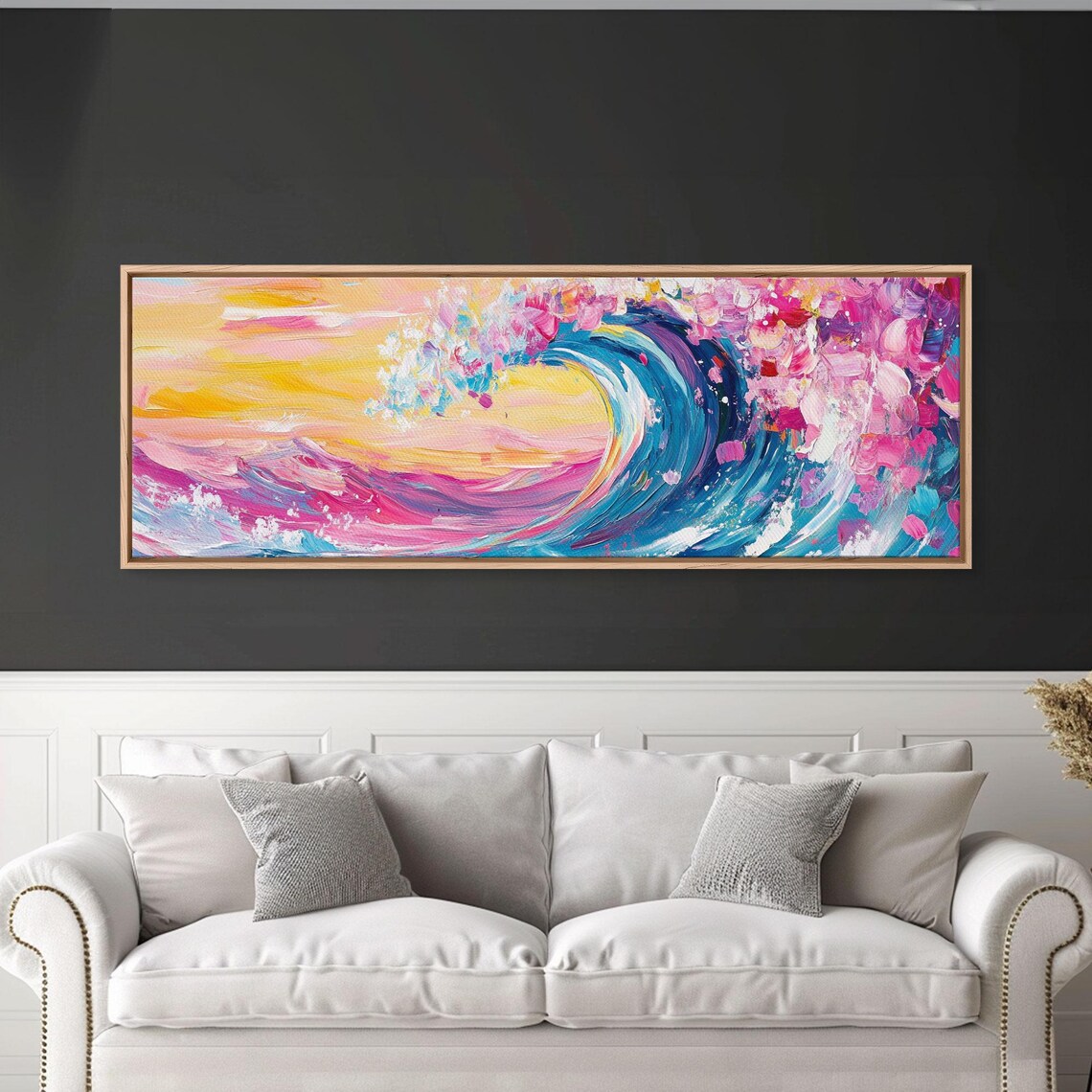 Pink Turquoise Rainbow Wave Sunset Impasto Ocean Painting Panoramic Wall Art Poster - Image 5