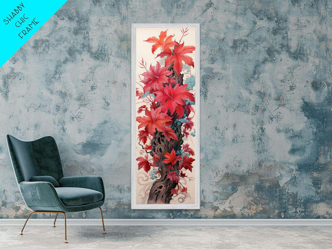 Gnarled Trunk With Vibrant Red Maple Leaves Japanese Art Print