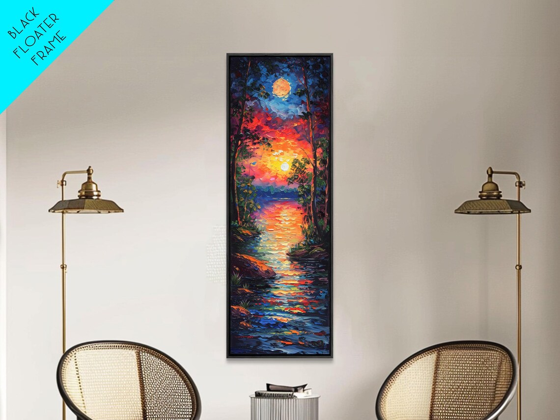 Fiery Sunset And Full Moon Over Dark Water Impasto Lake Night Poster - Image 4