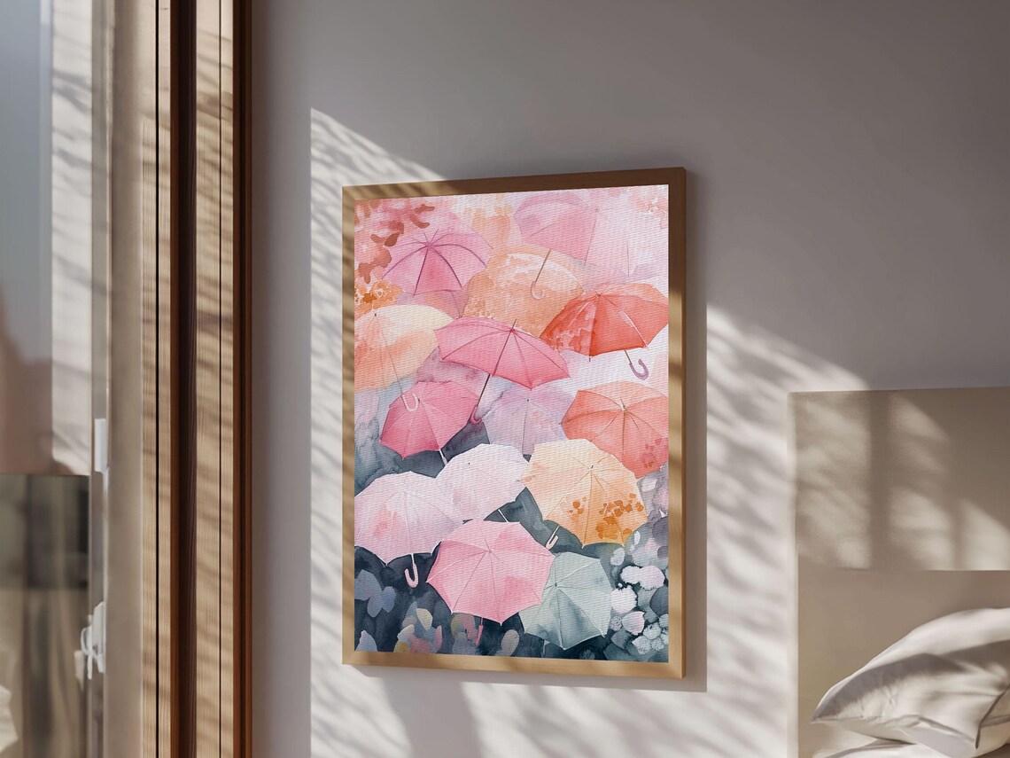 Pink Umbrellas Aerial Watercolor Whimsical Rainy Day Wall Art Poster - Image 4