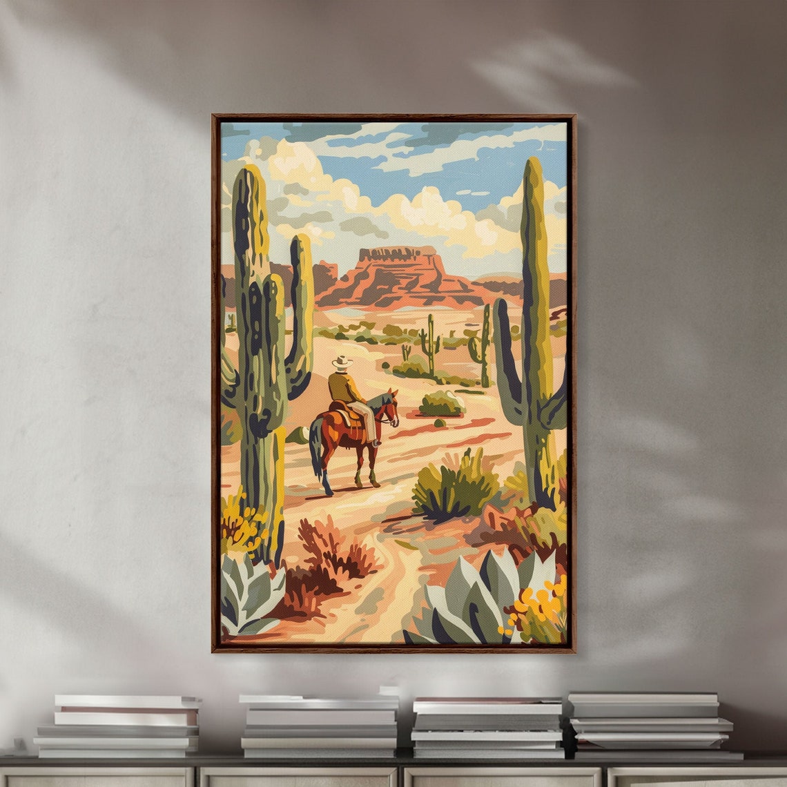 Cowboy Riding Desert Trail With Saguaro Cacti Retro Western Poster - Image 4