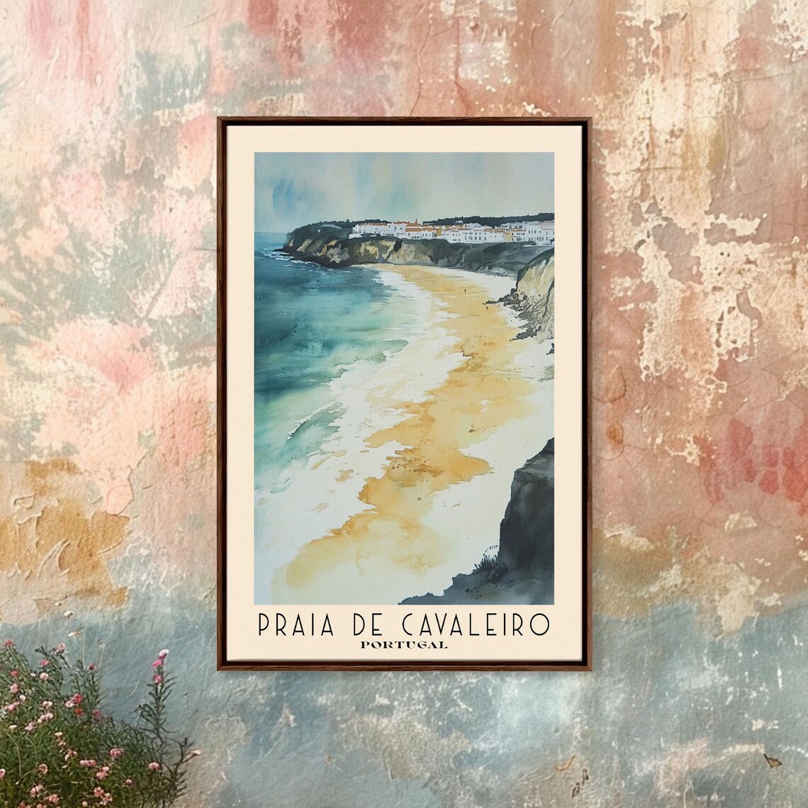 Praia de Cavaleiro Portugal Golden Beach Cliffs Town Watercolor Poster
