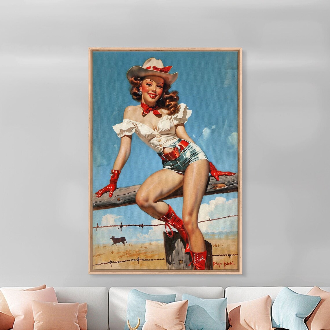 Vintage Cowgirl Pin Up Fence Red Boots Retro Western Wall Art - Image 2