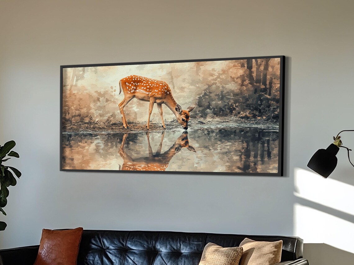 Deer Drinking Water With Mirror Reflection Pond Watercolor Painting Print - Image 2