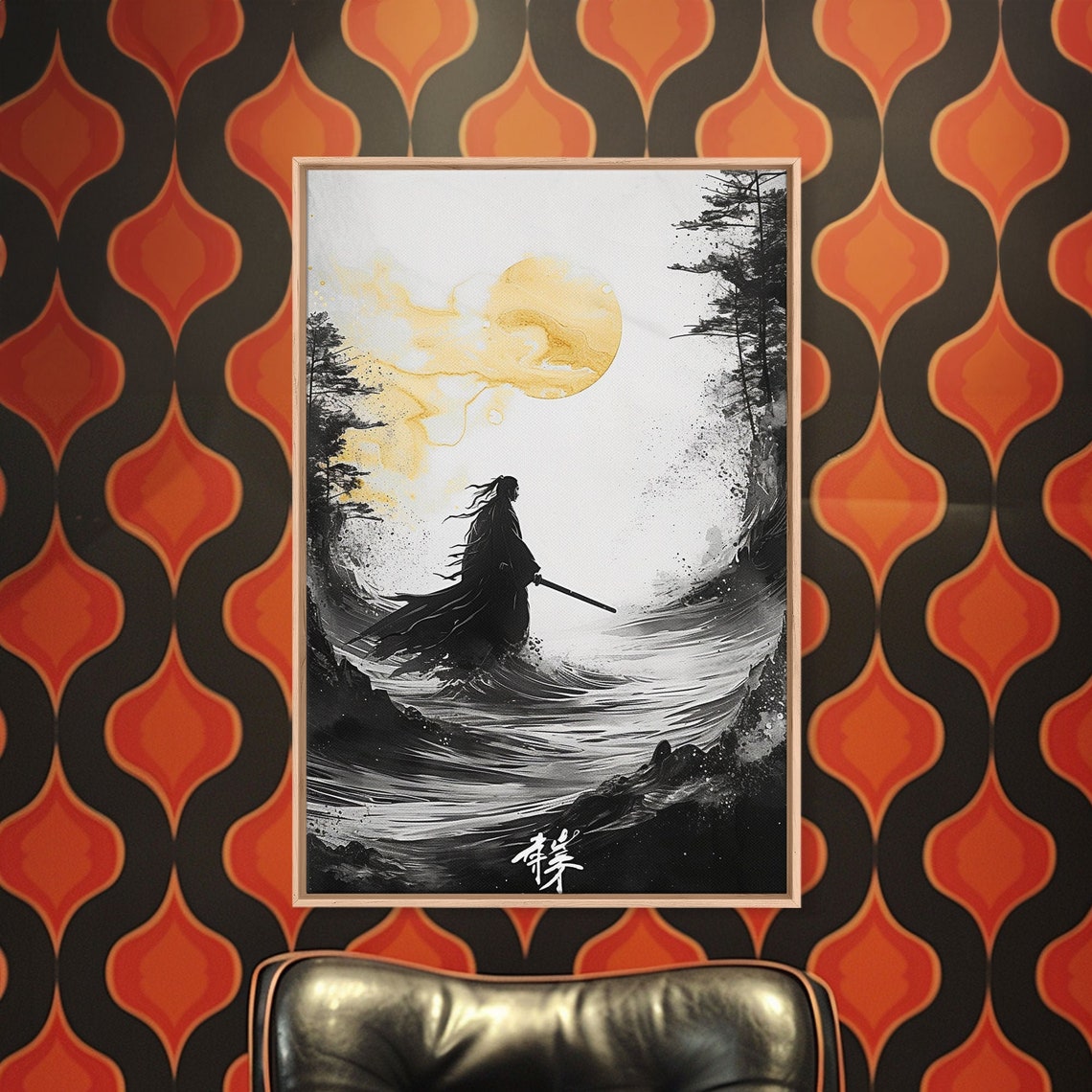 Samurai Silhouette Gold Moon Ocean Waves Ink Brush Japanese Wall Art - Image 2