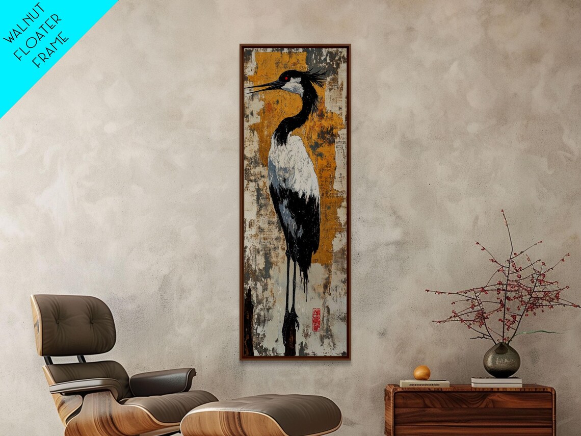 Black White Crane Gold Textured Background East Asian Bird Painting Poster - Image 5