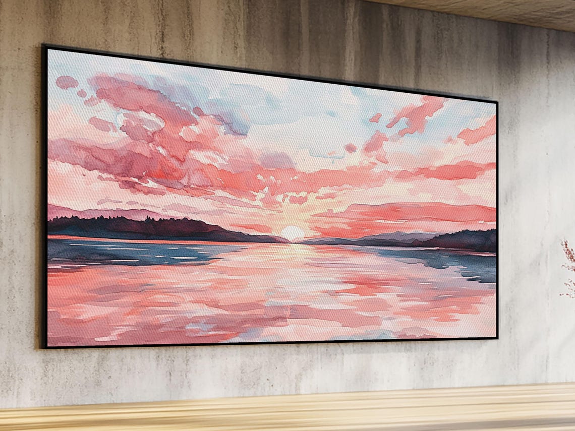 Pink Sunset Seascape Watercolor Sun Over Calm Water Ocean Poster - Image 2