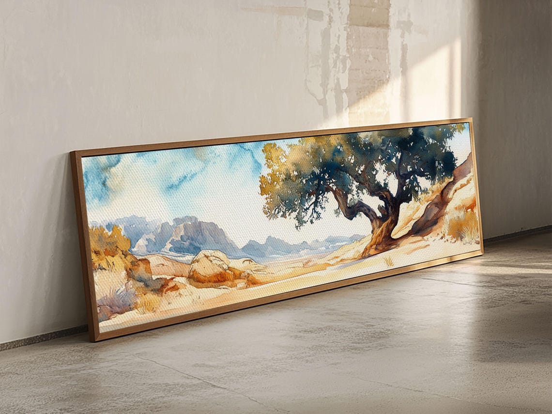 Desert Tree Rocky Hillside Watercolor Panoramic Minimalist Wall Poster - Image 2