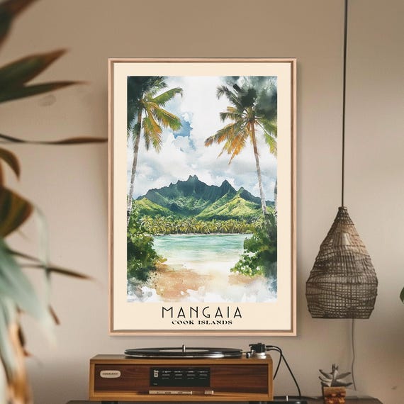 Mangaia Cook Islands Watercolor Print Vacation Gift Cook Islands Wall Art Beach Painting Beach Decor Large Wall Art Wood Frame Art
