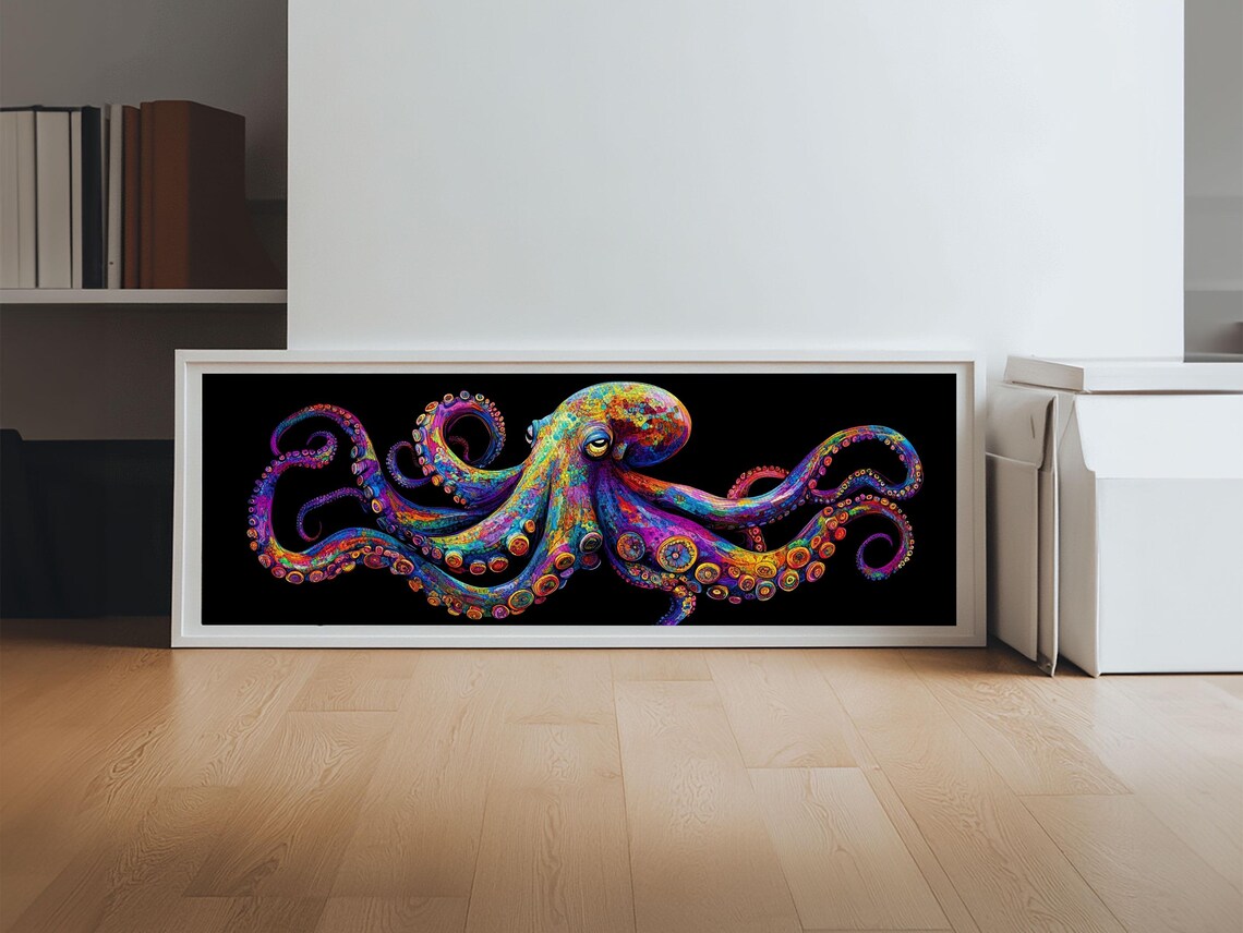Vibrant Octopus Art Print Coastal Decor Nautical Wall Art Gift Idea Underwater Ocean Life Abstract Extra Wide Horizontal - Image 6