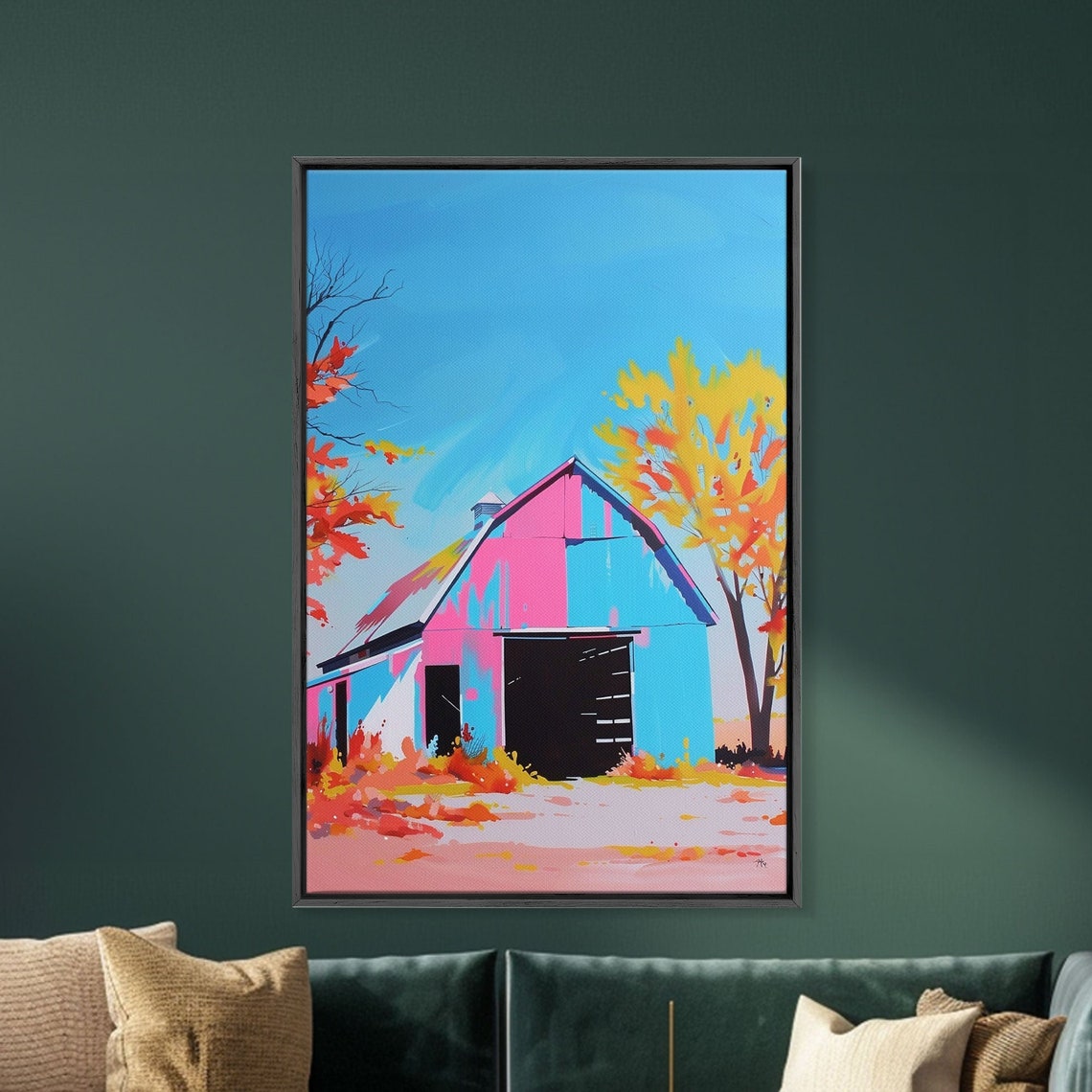 Colorful Pop Art Barn With Autumn Trees Under Blue Sky Wall Poster - Image 5