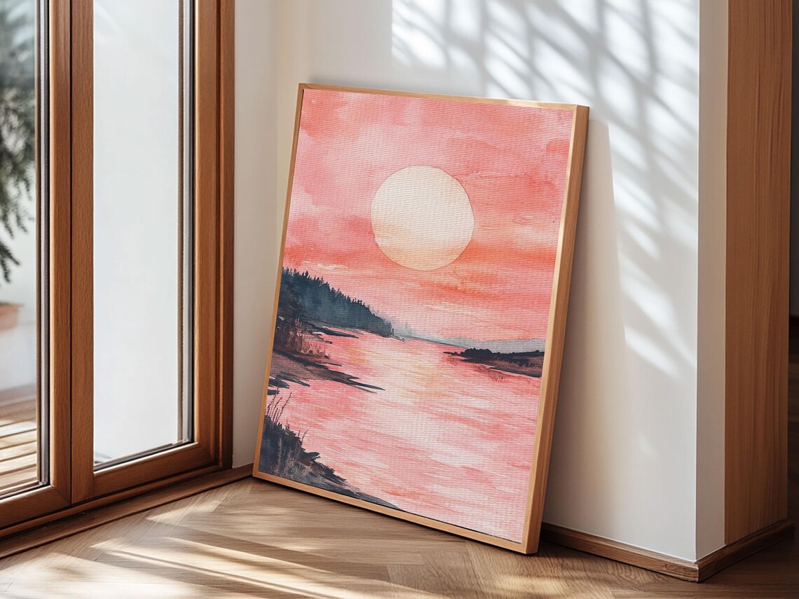 Pink Sunset Lake Watercolor Golden Sun Serene Landscape Art Poster - Image 2