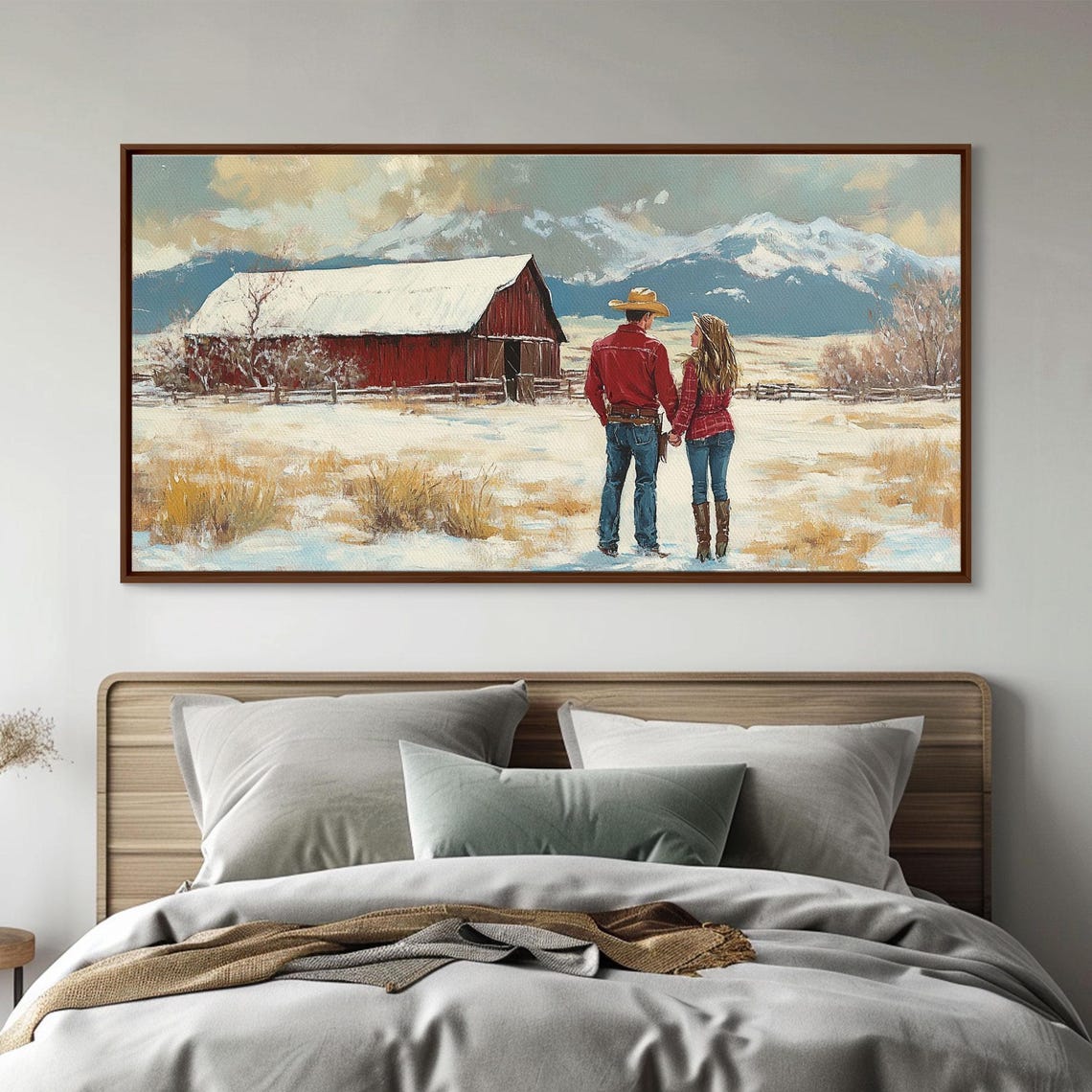 Country Couple Walking To Their Red Barn In Winter Snow Field Poster