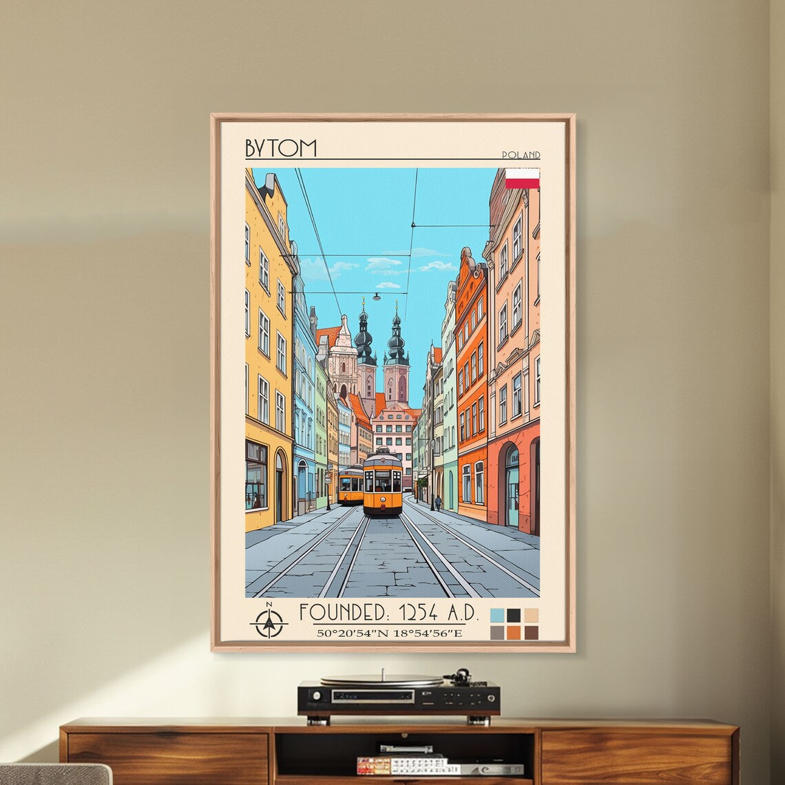 Bytom Poland Old Town Street Yellow Tram Twin Church Towers Art Poster - Image 4