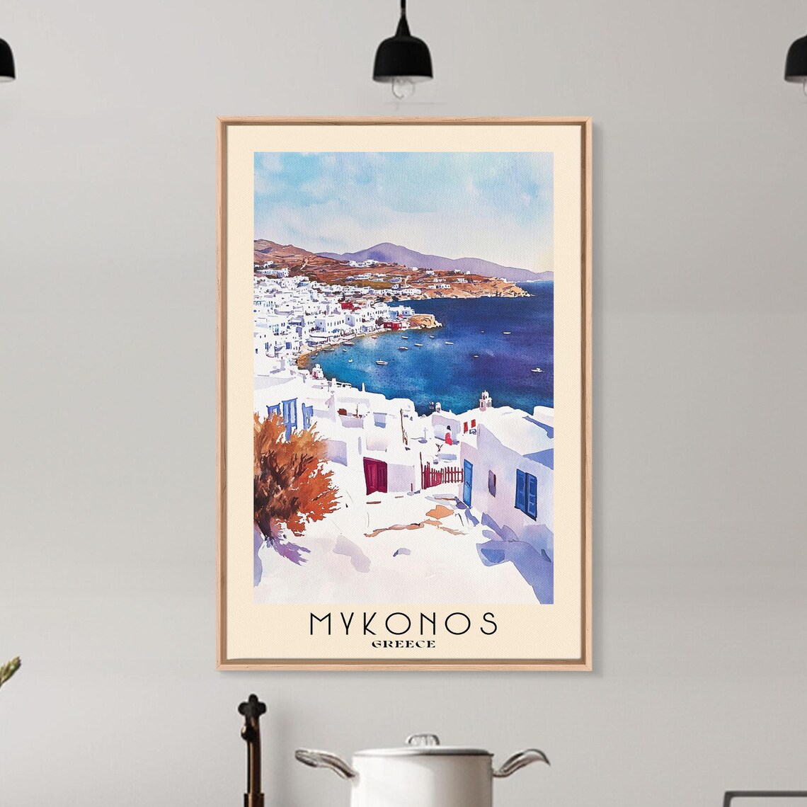 Mykonos Greece White Town Harbor Boats Blue Sea Watercolor Poster - Image 6