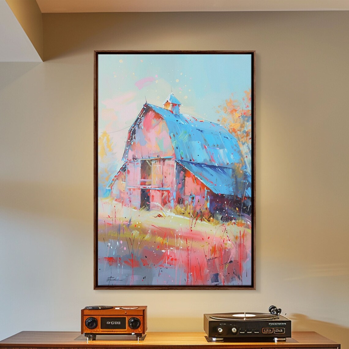 Pastel Pink Barn Blue Roof Wildflower Country Art Wall Poster - Image 5