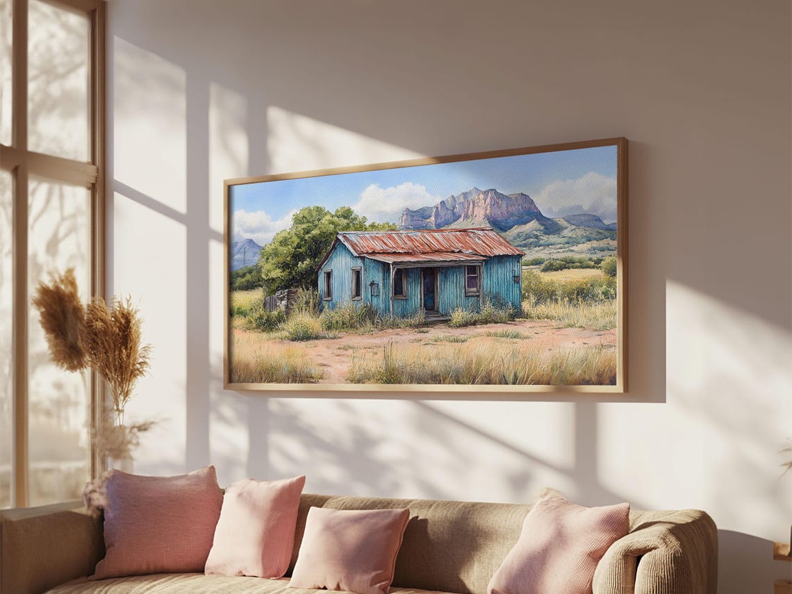 Abandoned Blue Cabin In Desert Mountain Landscape Painting Wall Art - Image 4