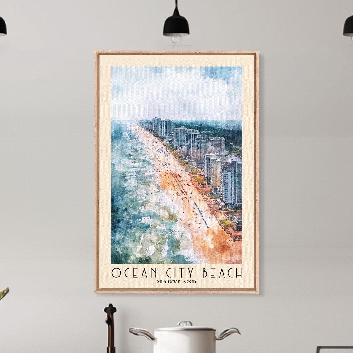 Ocean City Beach Maryland Aerial Skyline Shoreline Watercolor Poster - Image 6