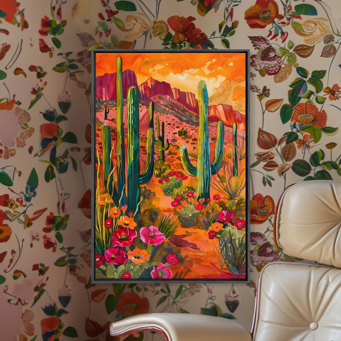 Desert Scene With Saguaro Cacti and Flowers Art Print - Image 4