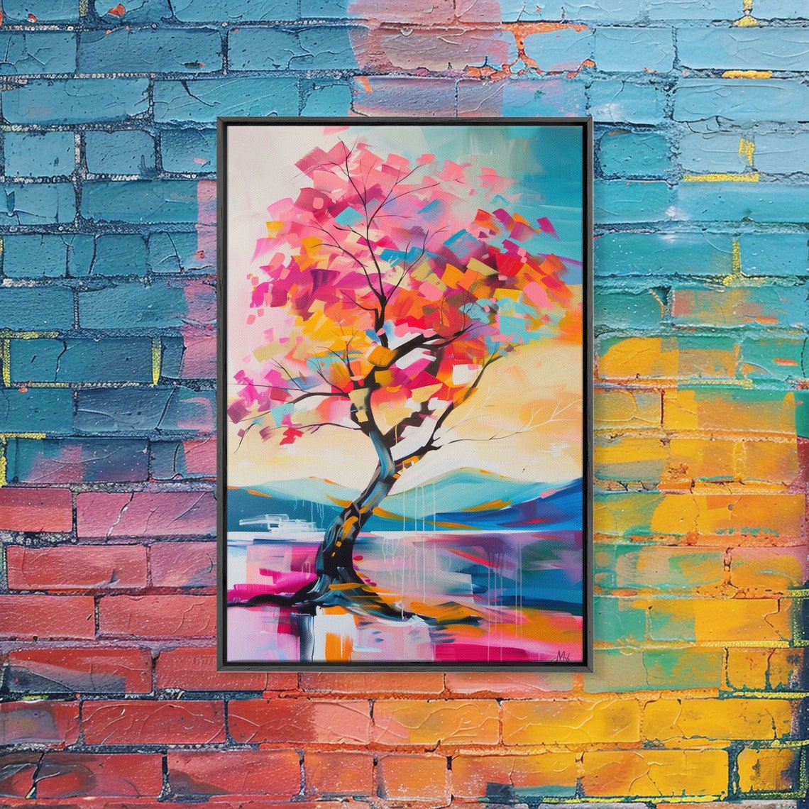 Colorful Windswept Tree By Lake Mountains Sunset Nature Art Poster