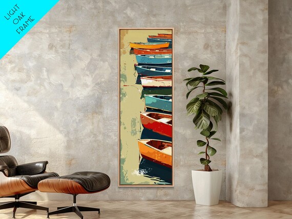 Row Of Colorful Boats On Calm Water Reflections Nautical Tall Wall Art