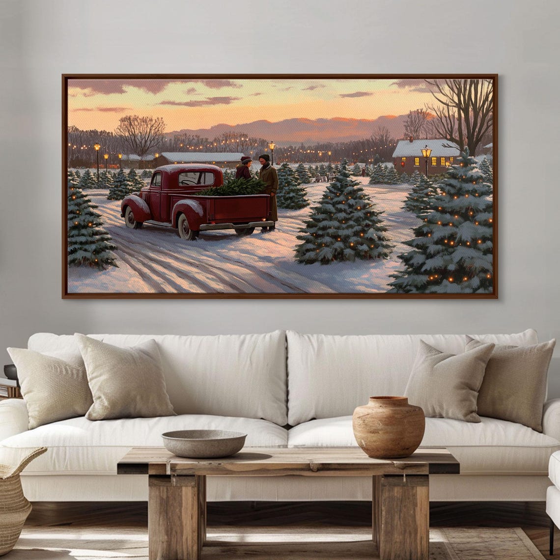 Vintage Red Truck At Snowy Christmas Tree Farm Sunset Glow Poster