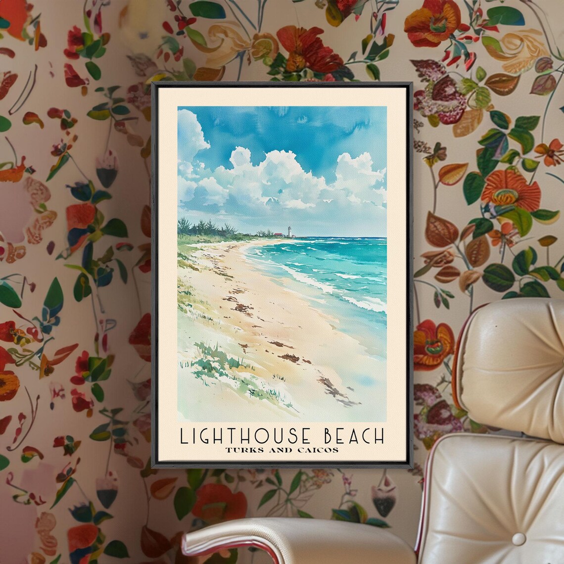 Lighthouse Beach Turks And Caicos Long Sandy Shore Surf Watercolor Poster - Image 2