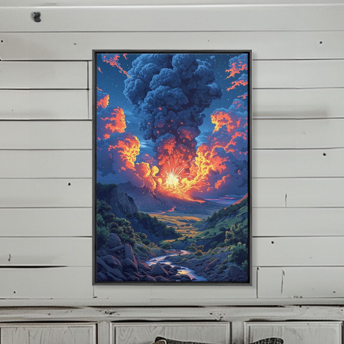 Printed Landscape Wall Art Mens Housewarming Gift Modern Vibrant Wall Art Volcano Erupting Printed Art Volcano Wall Print