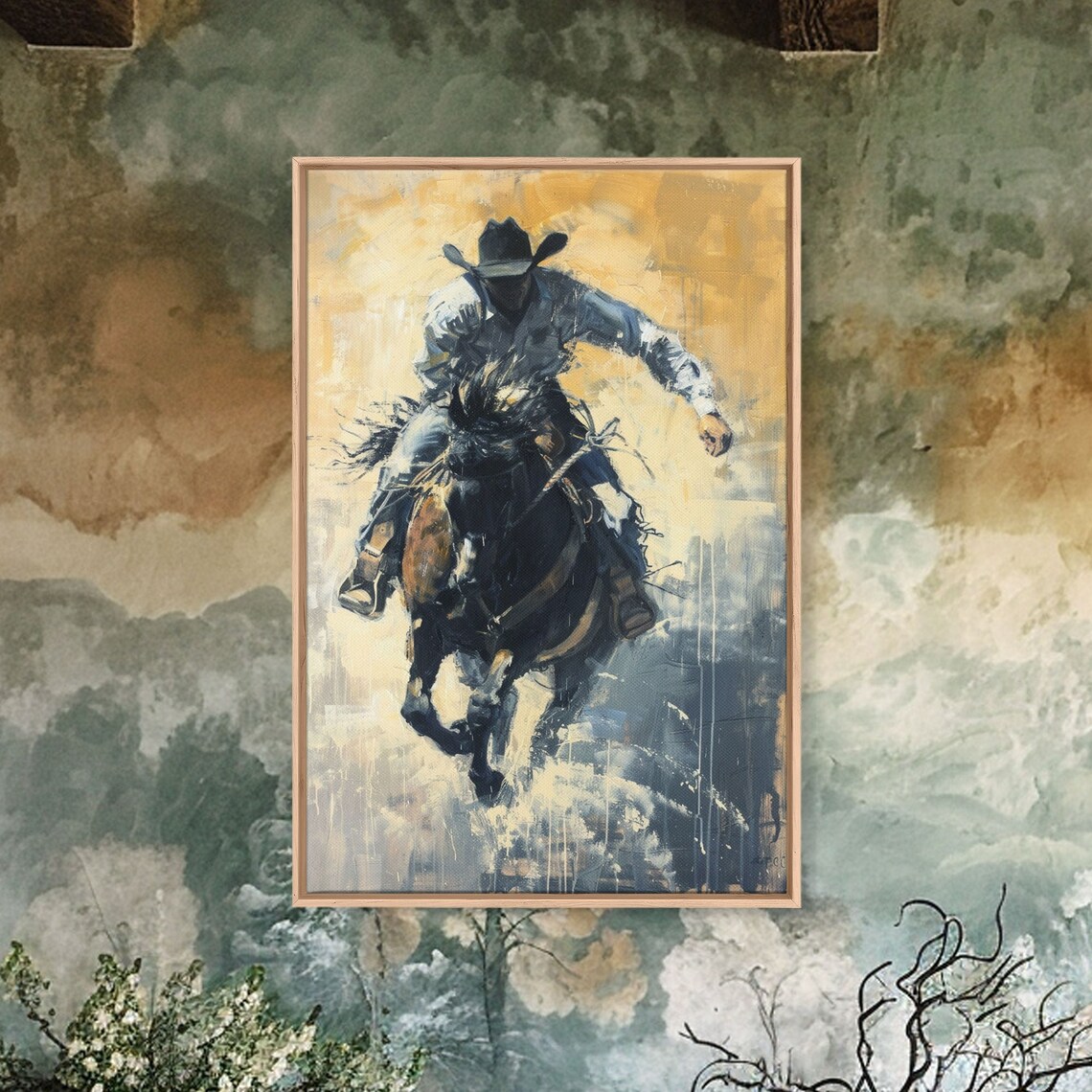 Cowboy Riding Bucking Horse Golden Abstract Western Art Poster