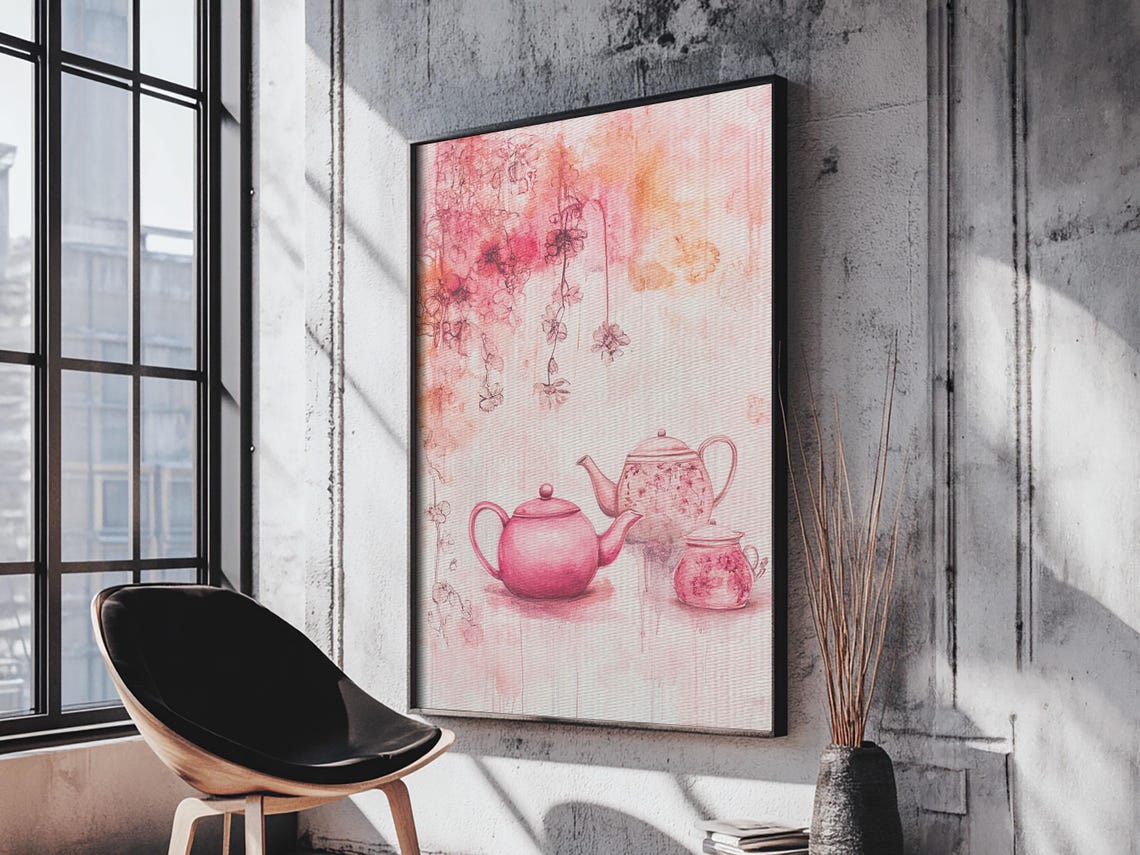 Pink Teapots With Floral Blossoms Watercolor Cozy Tea Wall Art Print