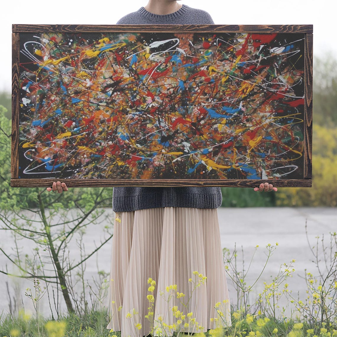 Abstract Drip Painting Colorful Splatter Black Modern Art Poster - Image 2