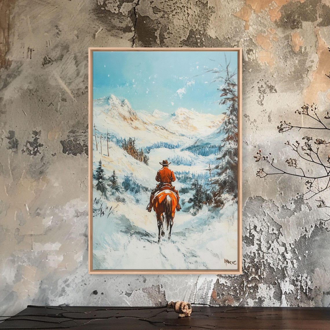 Cowboy Riding Snowy Valley Snowcapped Mountains Blue Sky Art Poster