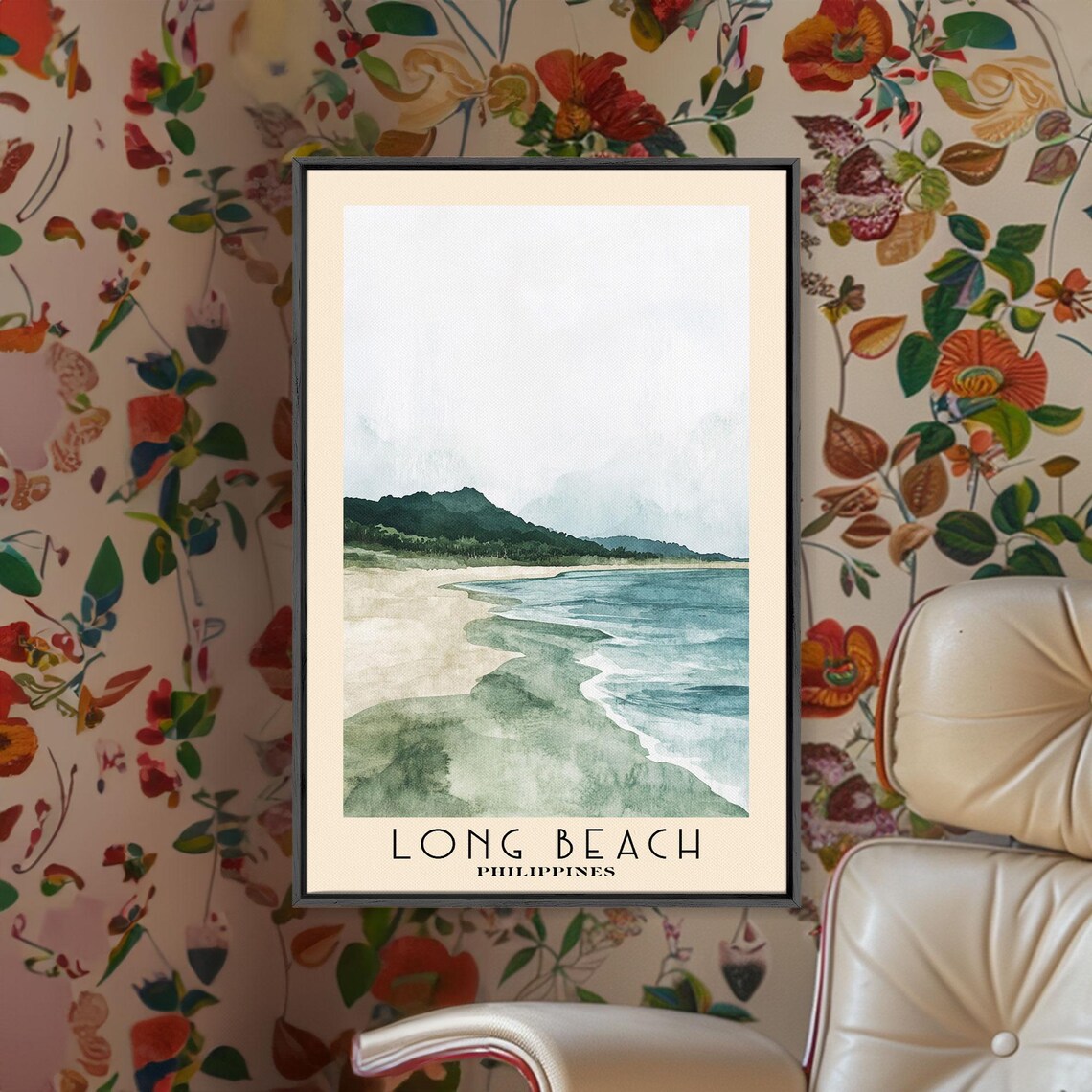 Long Beach Philippines Watercolor Green Hills Sandy Shore Travel Poster - Image 2