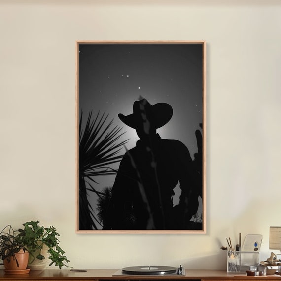 Lone Cowboy Silhouette Under The Stars In Black And White For Rustic Wall Art Prints Home Decor Living Room Art Bedroom Art