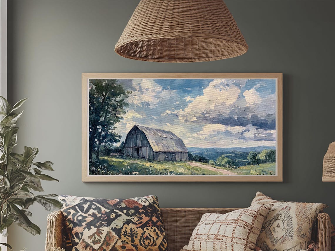 Rustic Old Barn Hilltop Panoramic Countryside Cloudy Sky Art Print - Image 5