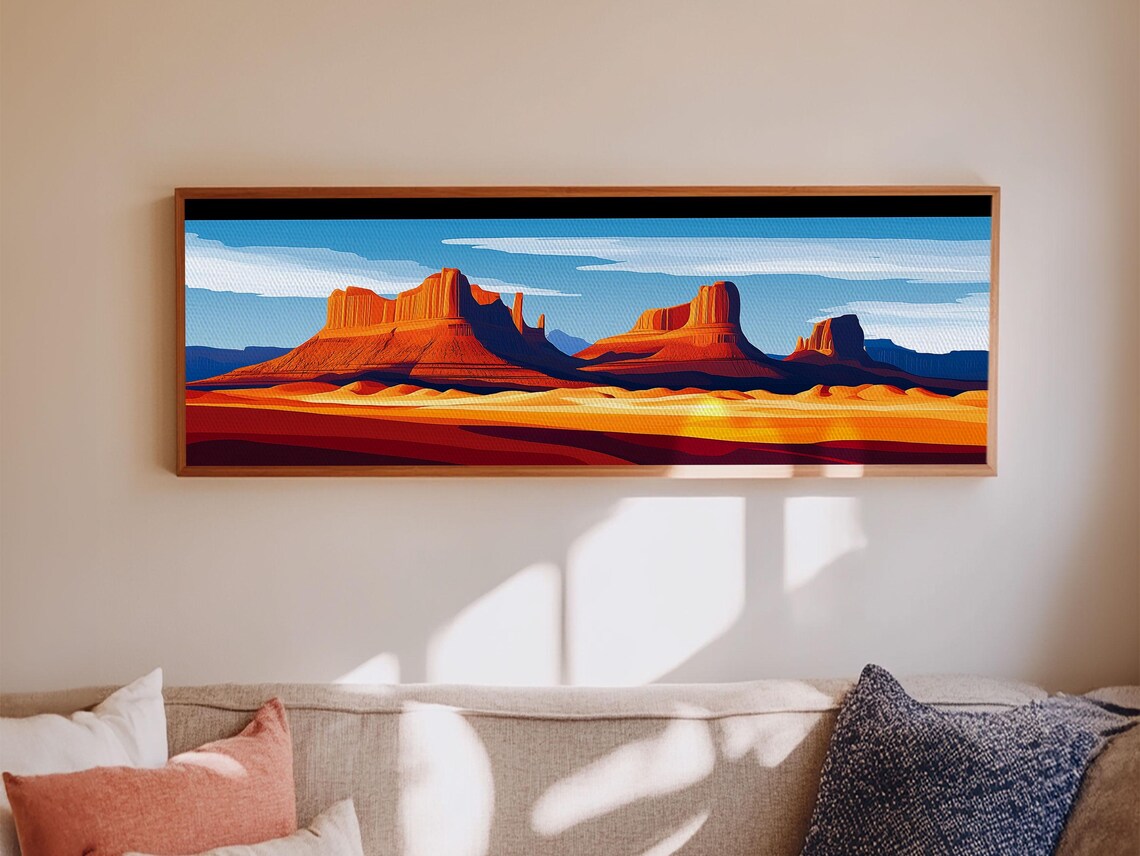 Monument Valley Sunset Framed Print Southwest Wall Art Panoramic Painting Rustic Art Landscape Art Gift Idea Extra Wide Art