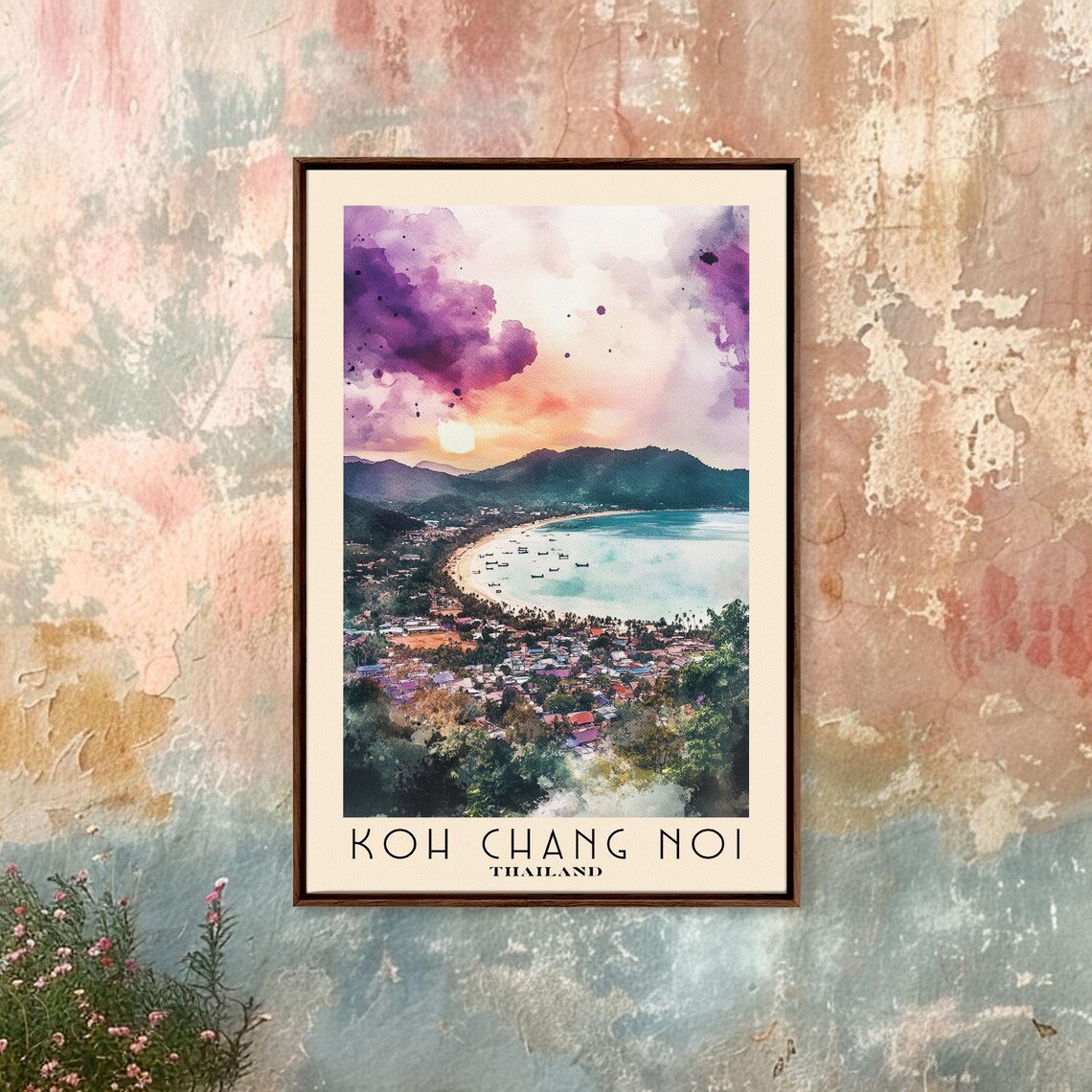 Koh Chang Noi Thailand Purple Sunset Bay Village Boats Watercolor Poster - Image 4