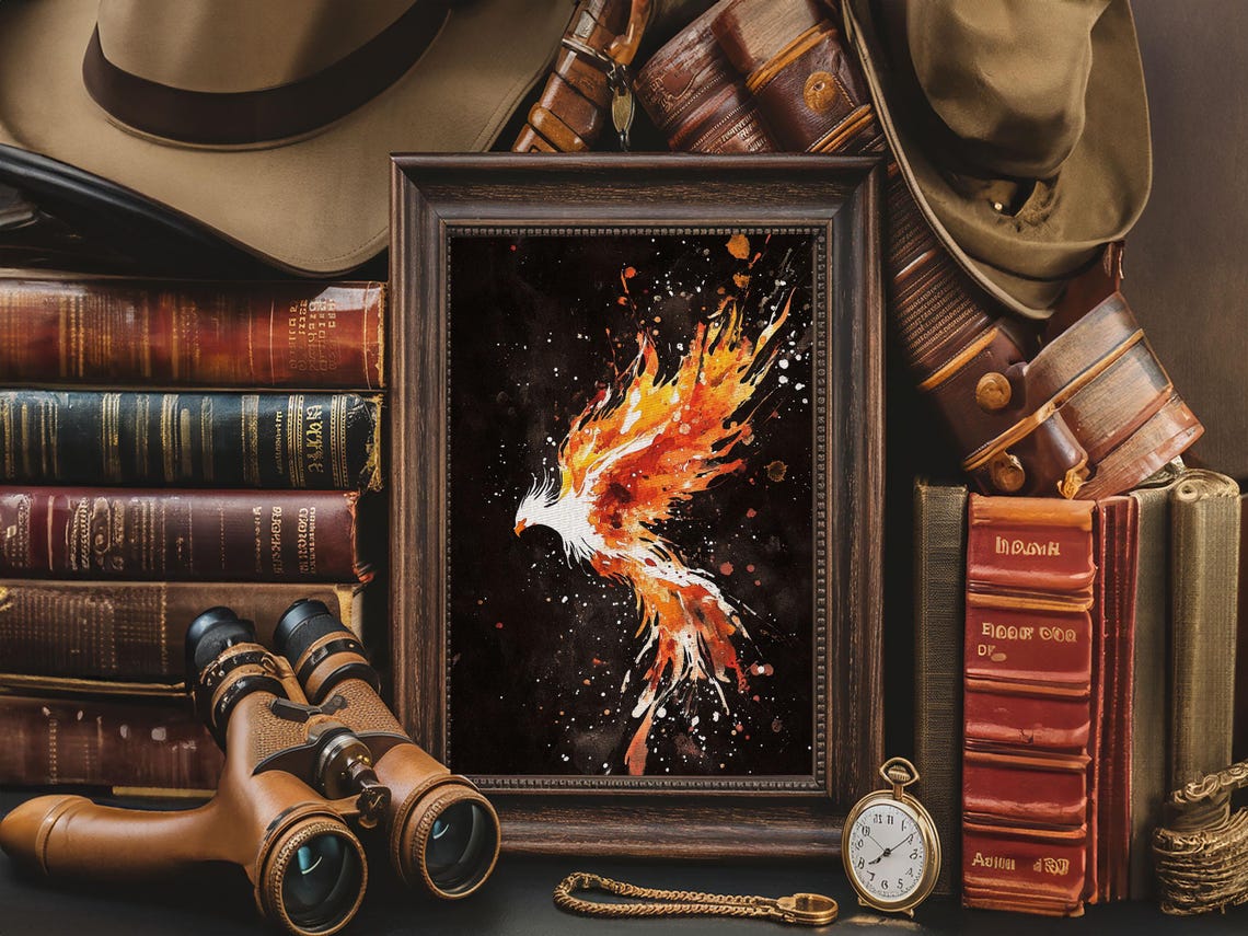 Fiery Phoenix Rising From Flames Watercolor Mythical Bird Poster
