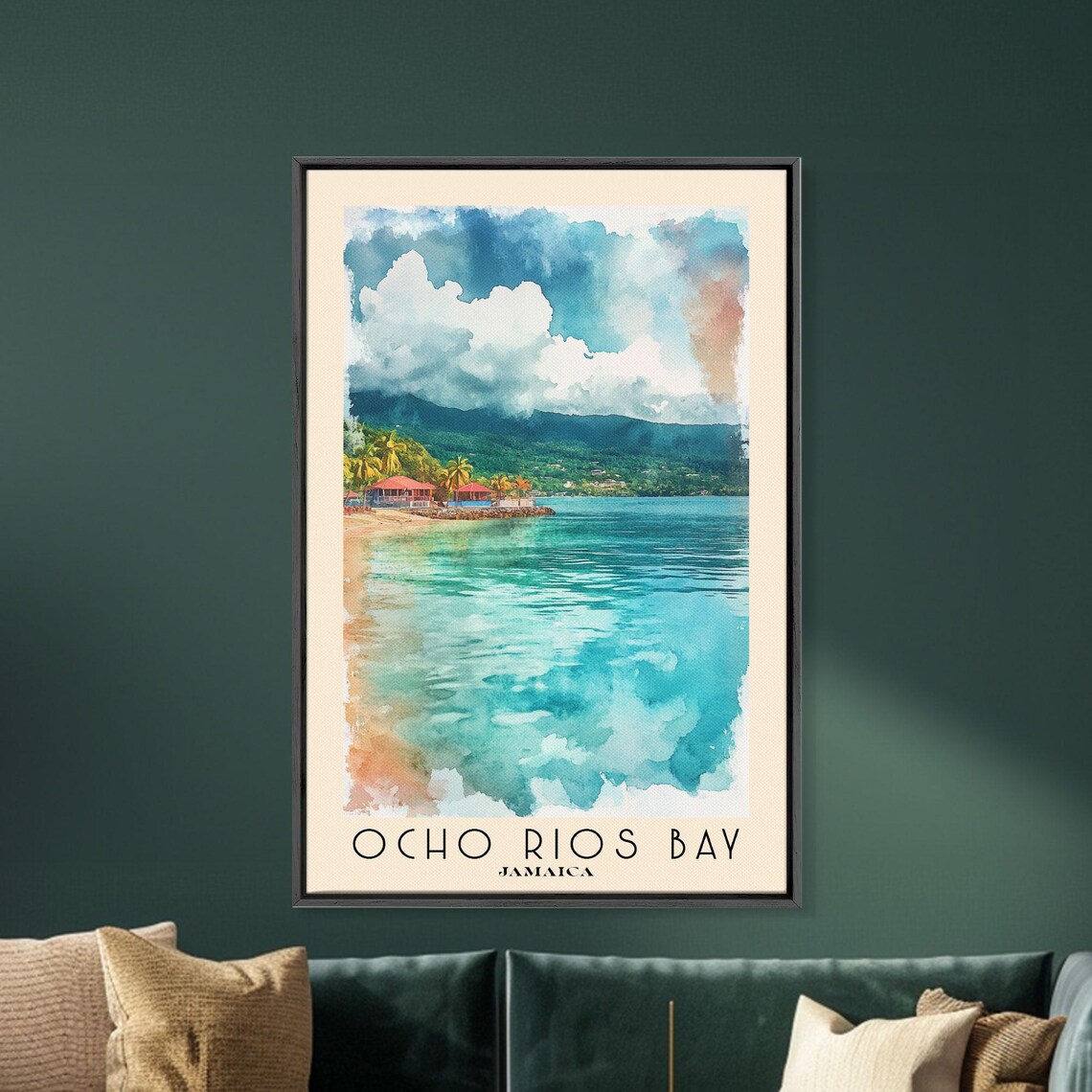 Ocho Rios Bay Jamaica Turquoise Bay Beach Huts Green Mountain Poster - Image 5