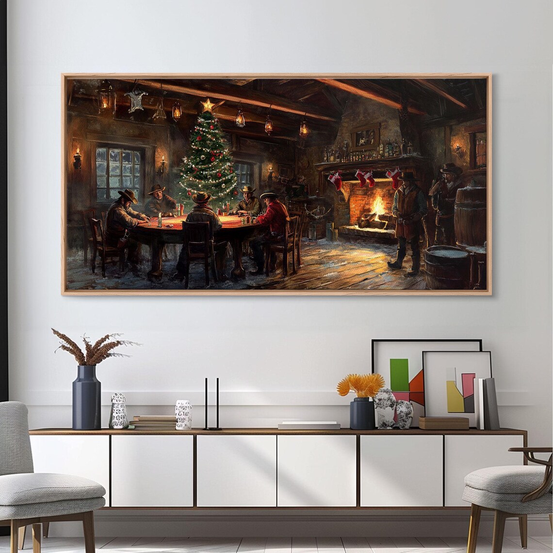 Cowboy Christmas Saloon Poker Night Tree Rustic Western Wall Art - Image 2