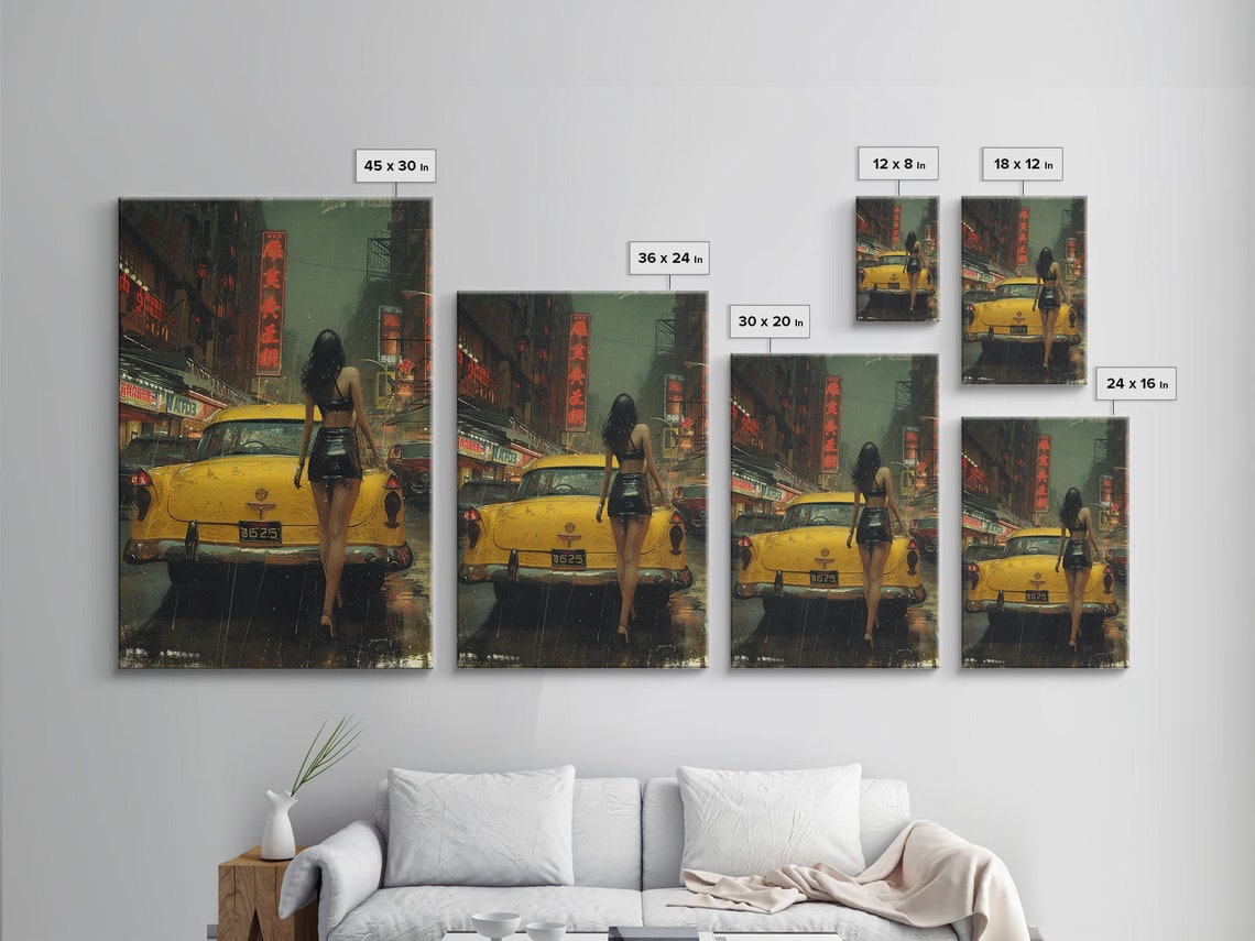 Japanese City Art Framed And Printed On Taxi Cab Oil Painting Printed On Art Print Of Woman With Taxi Cab In Tokyo Japan - Image 2