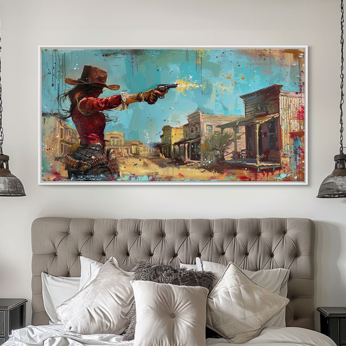 Western Woman With Revolver, Colorful Town Art Print - Image 2