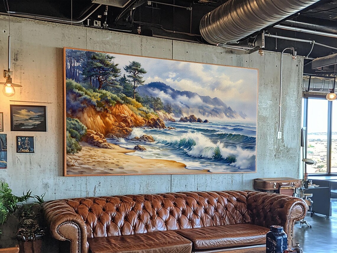 Scenic Coastal Cliffs Pine Trees Crashing Waves Sandy Cove Panoramic Poster - Image 6