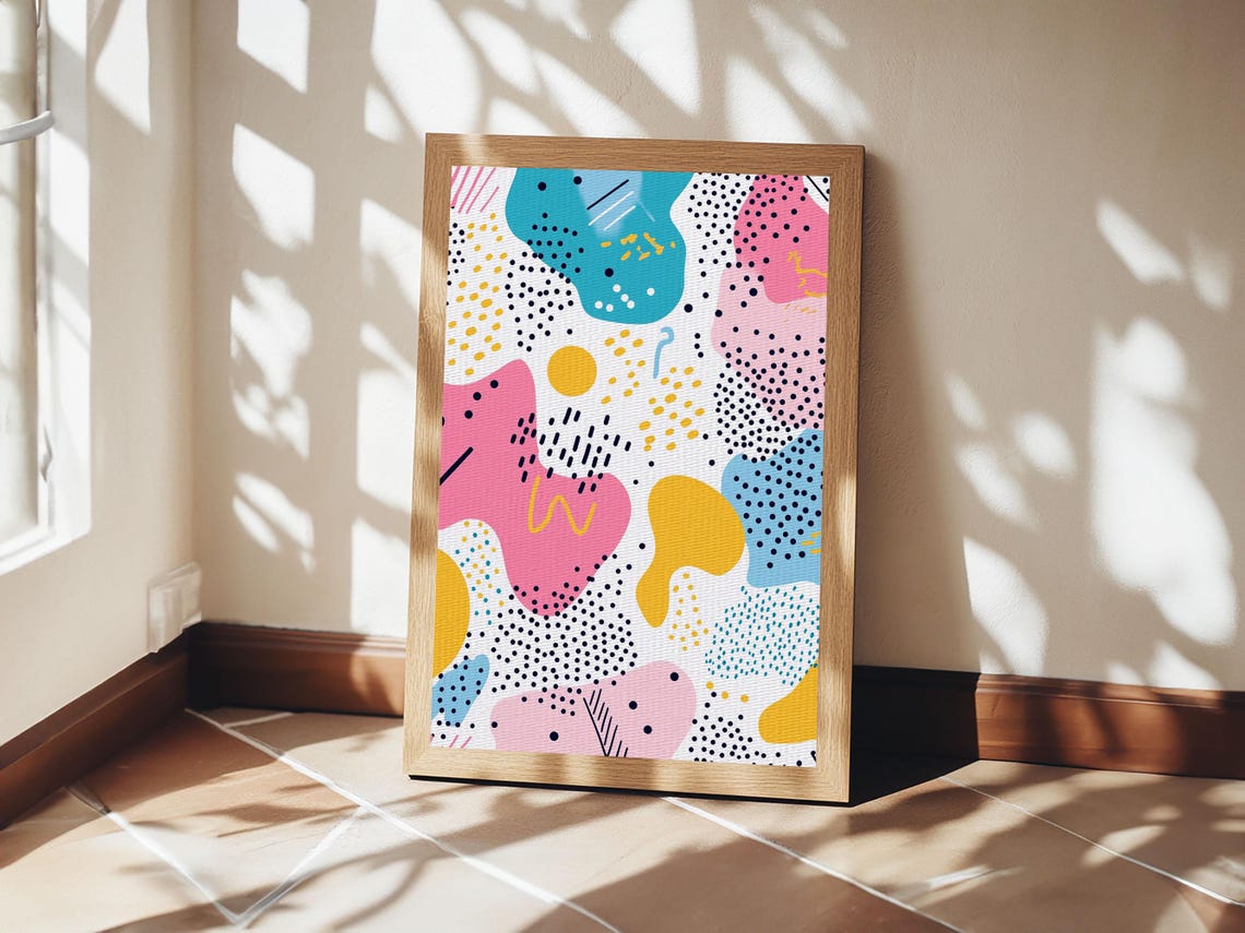 90s Memphis Style Abstract Blobs Dots Pink Blue Yellow Wall Art - Image 3