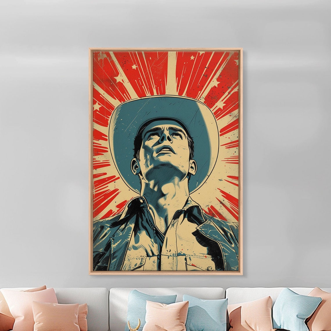 Cowboy Pop Art Poster Man in Hat Looking Up with Red Starburst Rays - Image 4