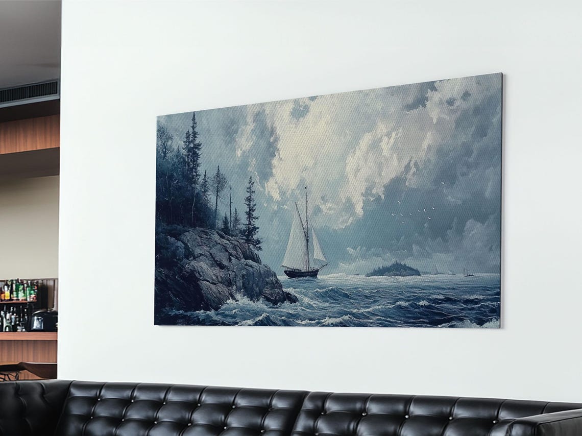 Tall Ship Off Rocky Pine Coast Moody Blue Seascape Painting Print - Image 3
