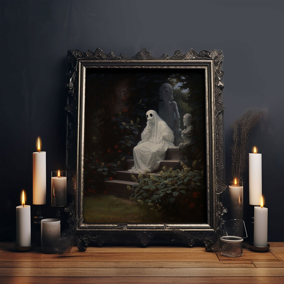 Thoughtful Sheet Ghost Sitting Garden Steps Night Statues Dark Academia Art Poster - Image 5